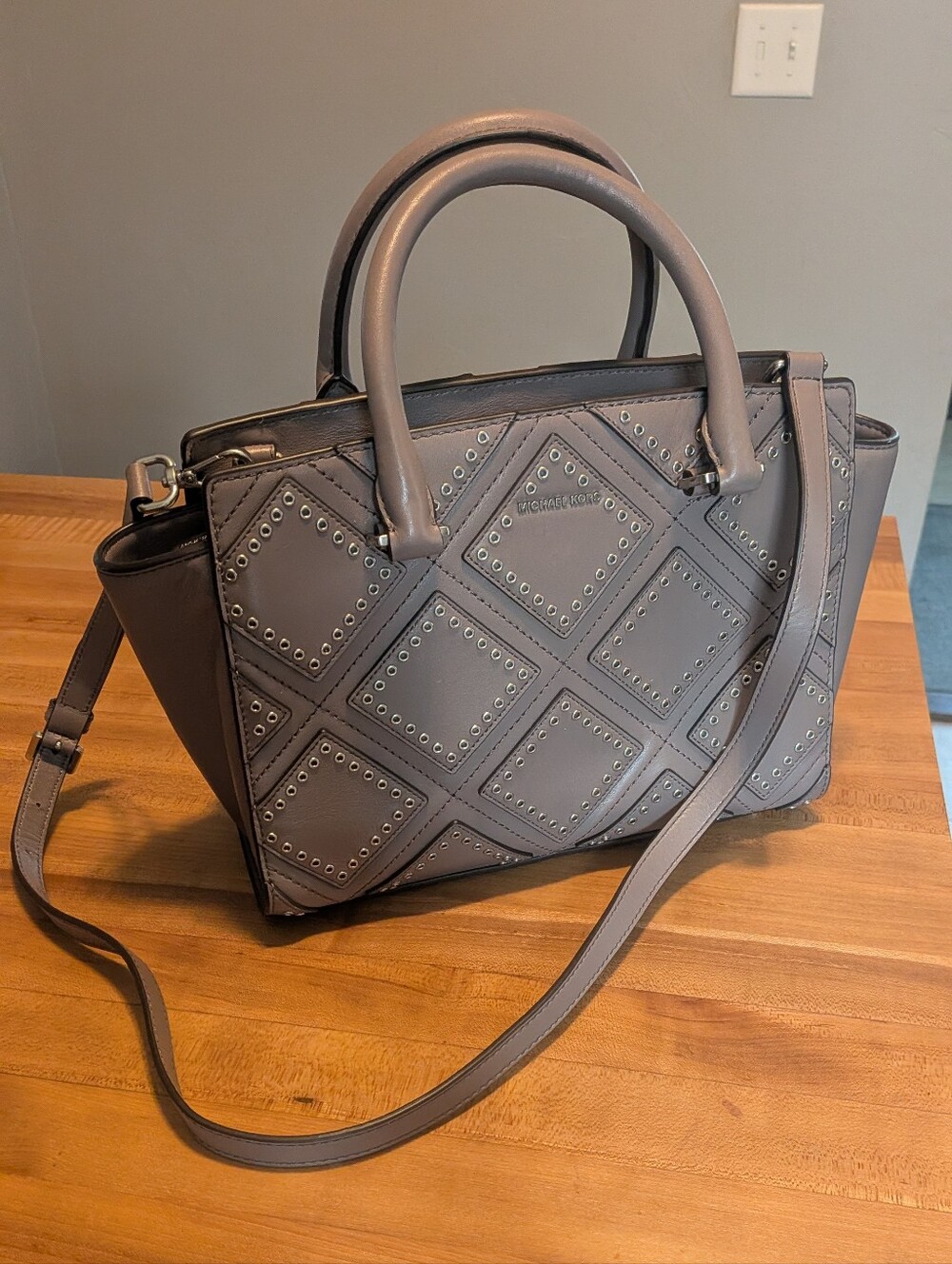 Michael Kors Studded Leather Satchel Crossbody Bag Gray Taupe Designer Purse